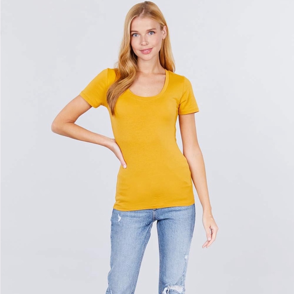 L Women' Scoop Neck Short Sleeve Summer Yellow T-Shirt  Top